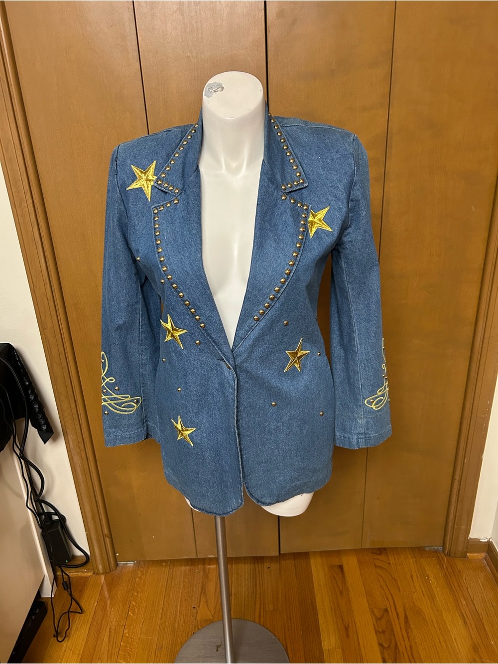 Embroidered Star Denim Blazer Jacket - Blue with Gold Accents